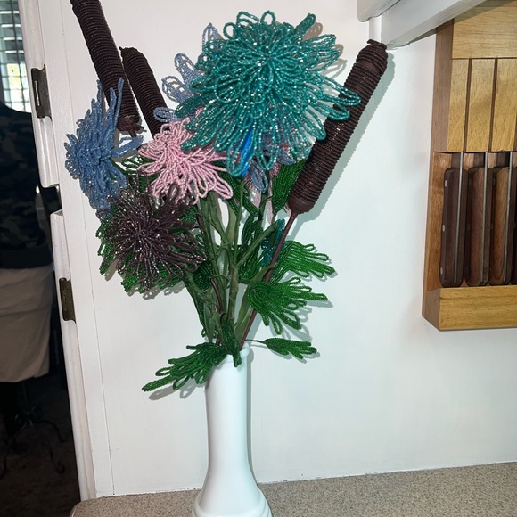 Vintage Antique French Beaded Flowers Floral arrangement bridal bouquet Cattails - Picture 8 of 15